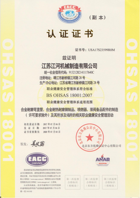 職業病健康安全管理體係證書